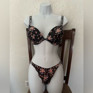 Victoria's Secret Black Bra and Thong Set with Pink Floral Print
